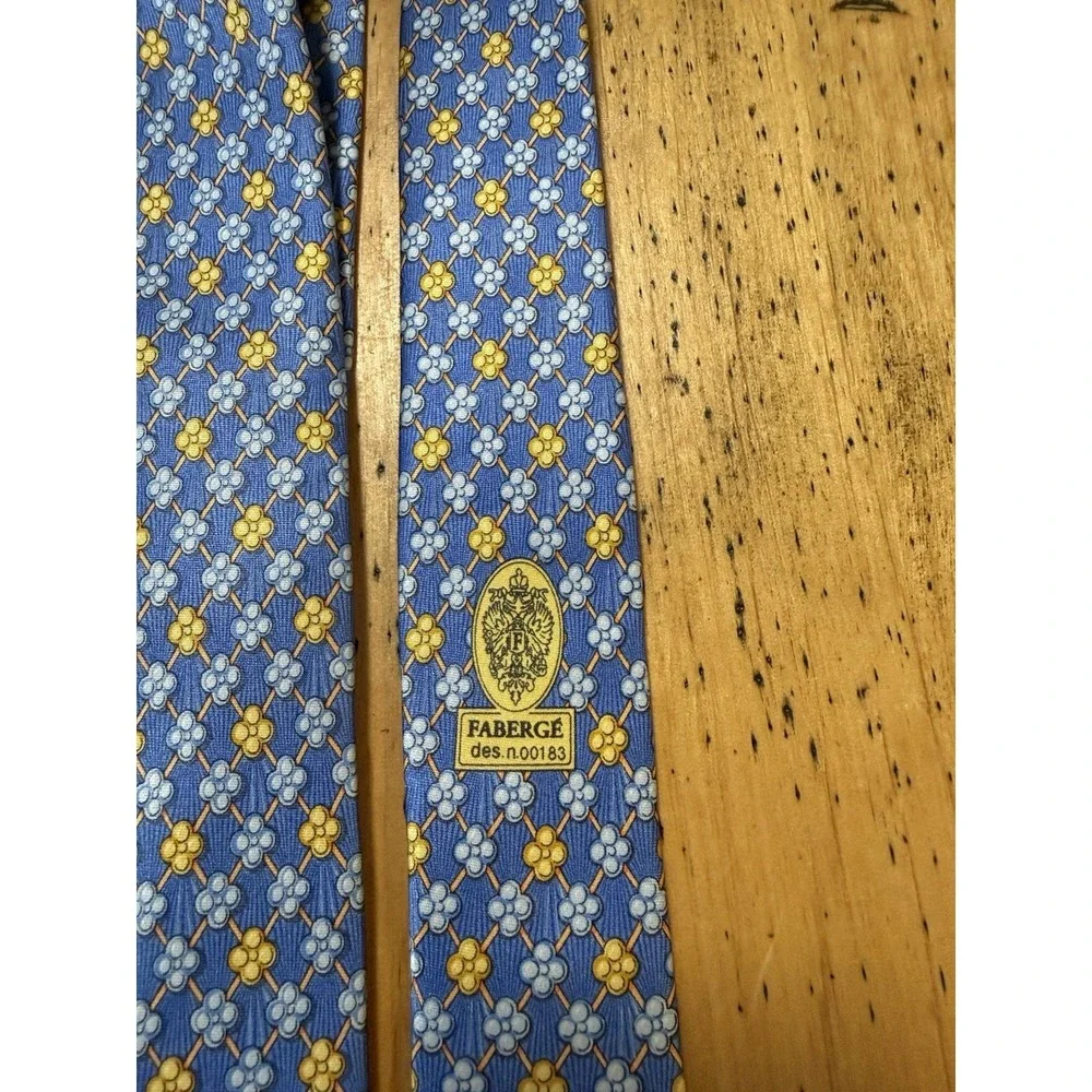 Faberge Mens Silk Tie Blue Yellow Floral Geo Print Handmade USA Luxury Necktie